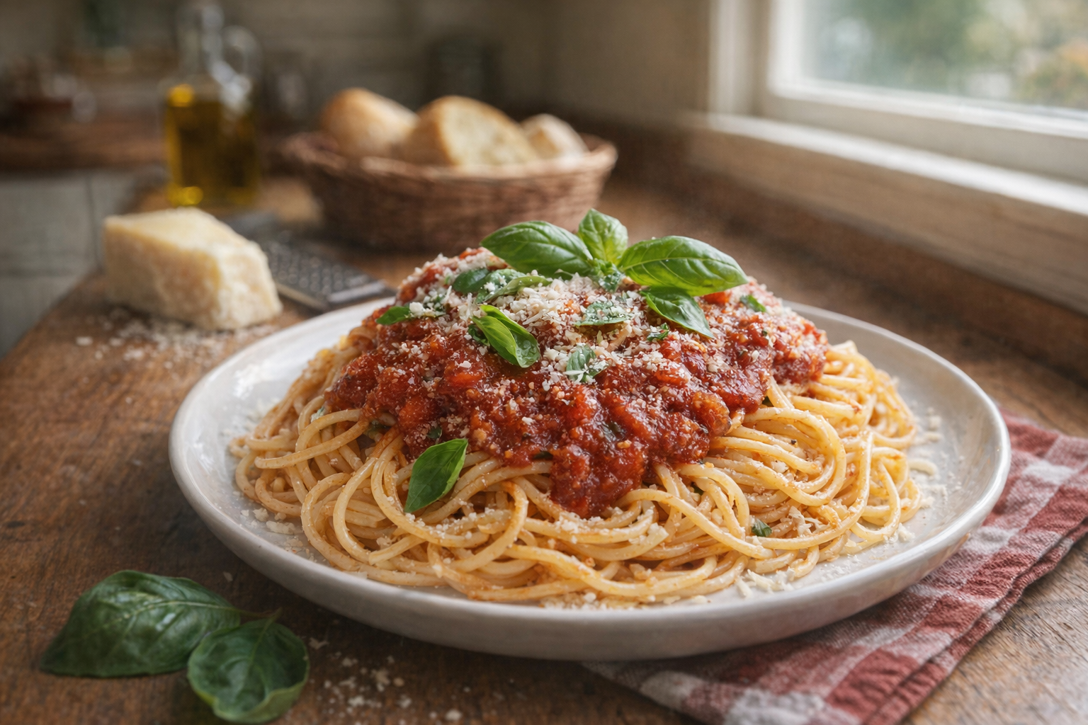 A plated dish of spaghetti with marinara sauce, garnished with fresh basil and grated Parmesan cheese, rustic Italian setting, natural window light